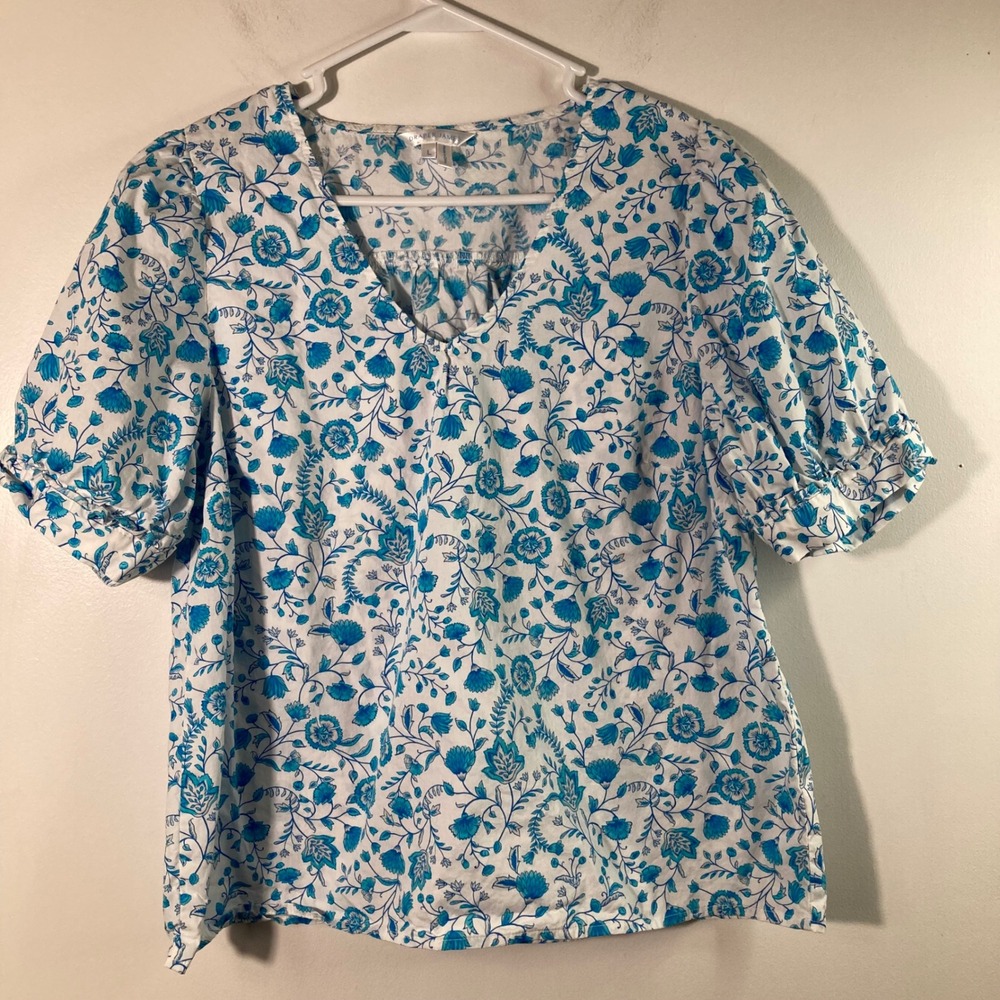 Womens Draper James V Neck Short Sleeve Floral Top Cotton‎ L White Turquoise